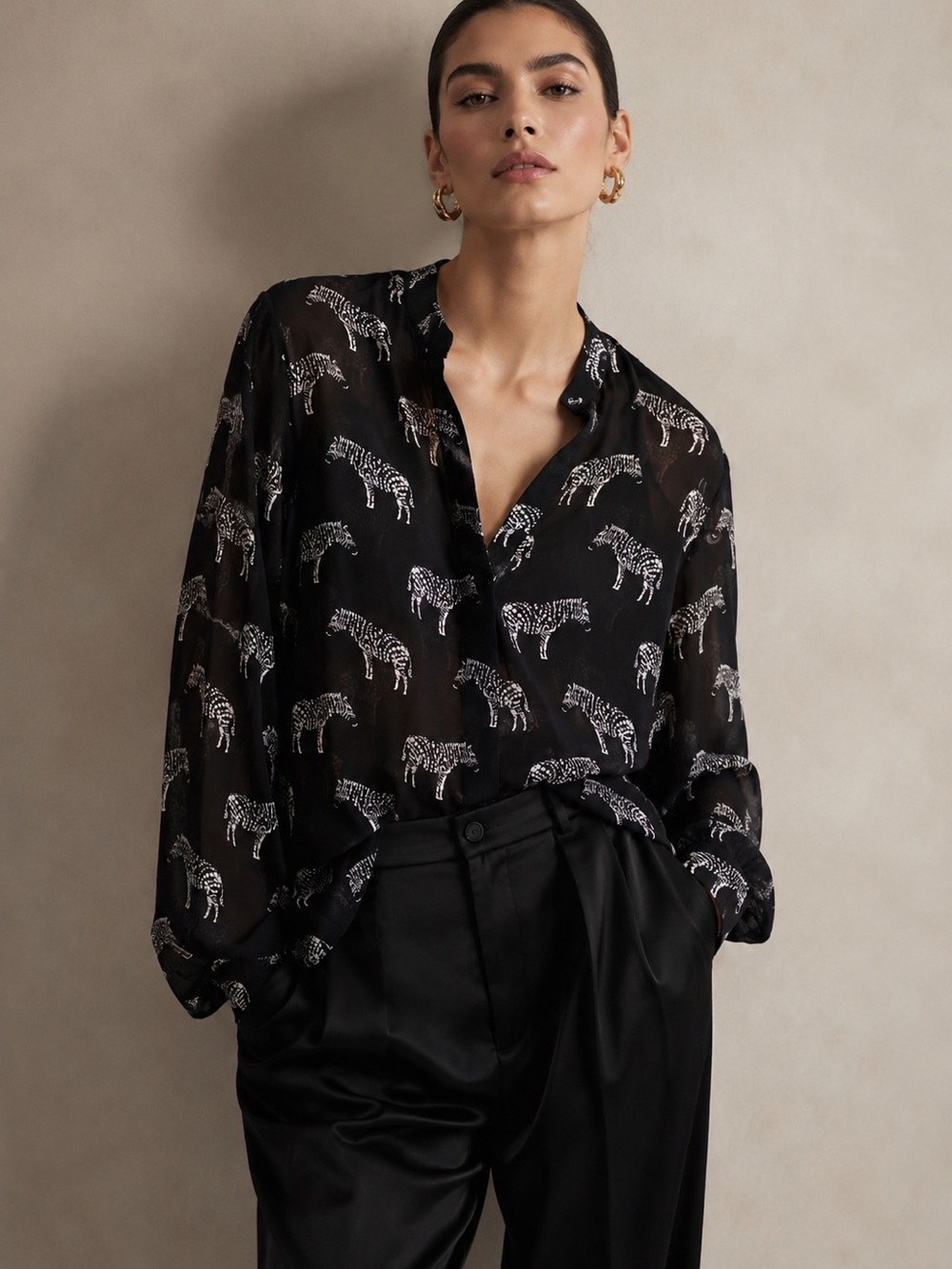 Banana Republic Zebra Print Sheer Blouse Black White Animal Print Long Sleeve L
